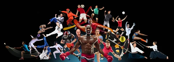 Collage deportivo sobre kickboxing, fútbol, fútbol americano, baloncesto, hockey sobre hielo, bádminton, tenis, rugby — Foto de Stock