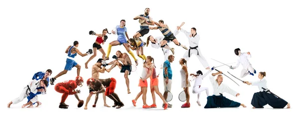 Collage deportivo sobre kickboxing, fútbol, fútbol americano, aikido, rugby, judo, esgrima, bádminton, tenis y boxeo — Foto de Stock