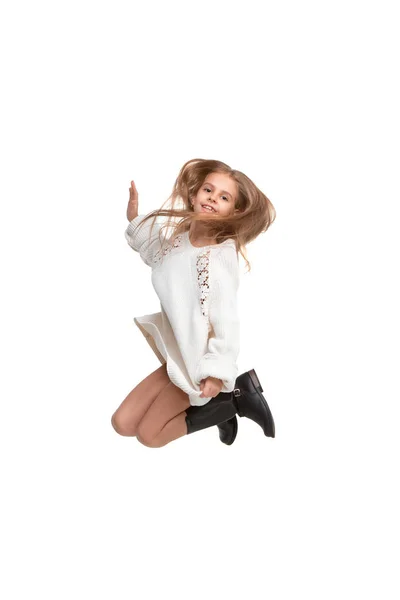 Cute little girl jump. Studio shot. White background — Stock Photo, Image