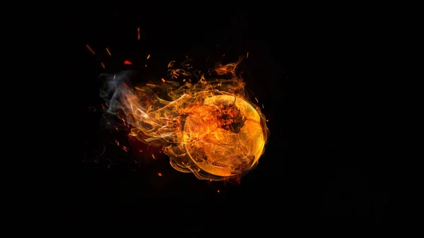 Close-up soccer ball in fire on dark background — Stock Photo, Image