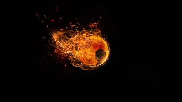 Primer plano pelota de fútbol en el fuego sobre fondo oscuro — Foto de Stock