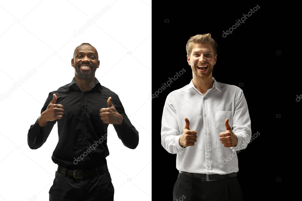 success happy afro and caucasian men. Mixed couple. Human facial emotions concept.