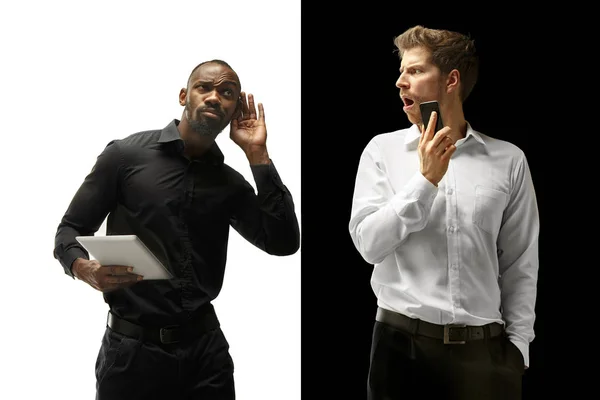 Success happy afro and caucasian men. Mixed couple. Human facial emotions concept. — Stock Photo, Image