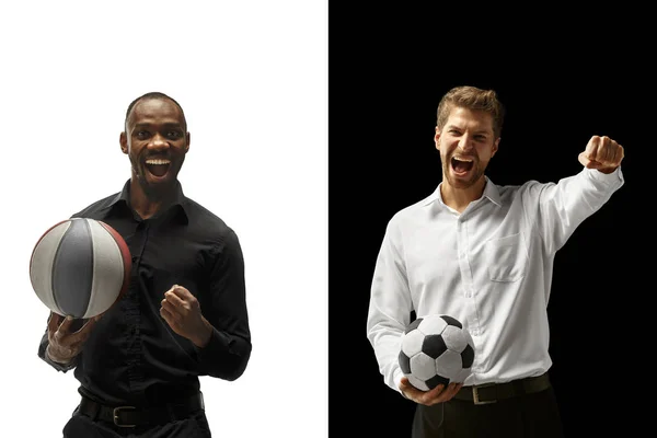 Portrait of a smiling men holding soccer and basketball ball isolated on a white and black background — Stock Photo, Image