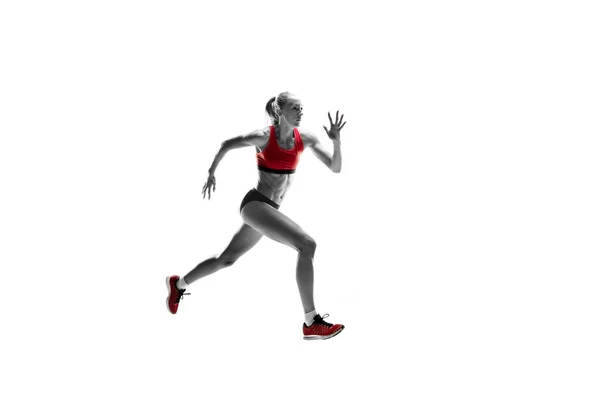 One caucasian woman running on white background — Stock Photo, Image