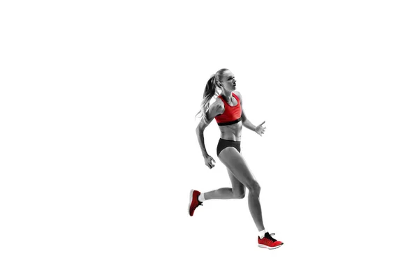 One caucasian woman running on white background — Stock Photo, Image