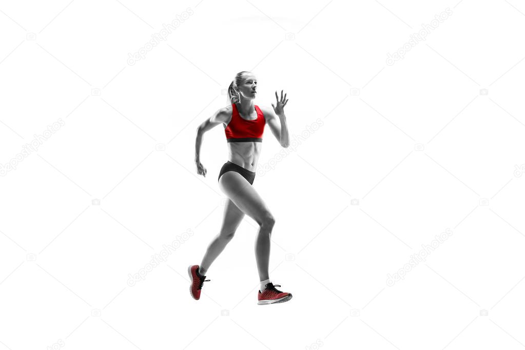 one caucasian woman running on white background