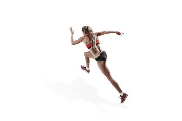 One caucasian woman running on white background — Stock Photo, Image