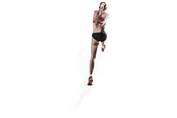 一个在白色背景上奔跑的高加索妇女 — 图库照片