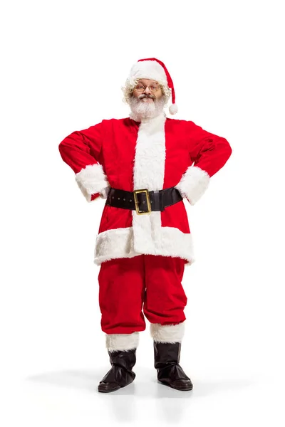 Hey, hello. Holly jolly x mas festive noel. Full length of funny santa in headwear, costume — Stock Photo, Image