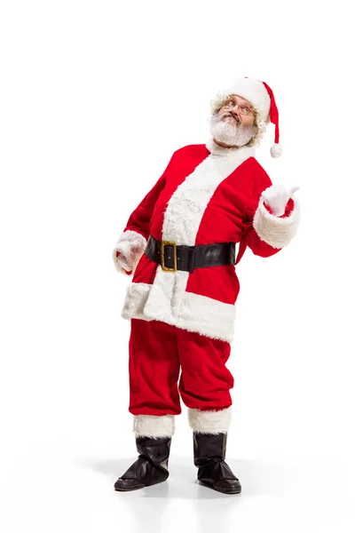 Hey, Hallo. Holly jolly x mas feestelijke noel. Volledige lengte van grappige santa in headwear, kostuum — Stockfoto