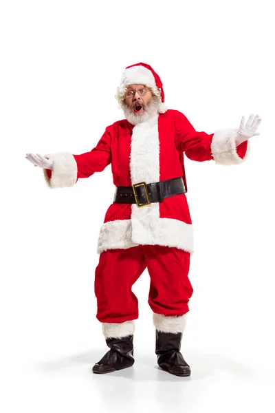 Hey, Hallo. Holly jolly x mas feestelijke noel. Volledige lengte van grappige santa in headwear, kostuum — Stockfoto