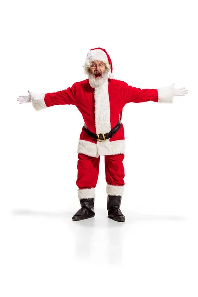 Hey, hello. Holly jolly x mas festive noel. Full length of funny santa in headwear, costume — Stock Photo, Image