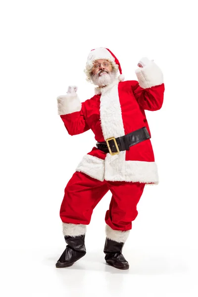 Hey, Hallo. Holly jolly x mas feestelijke noel. Volledige lengte van grappige santa in headwear, kostuum — Stockfoto