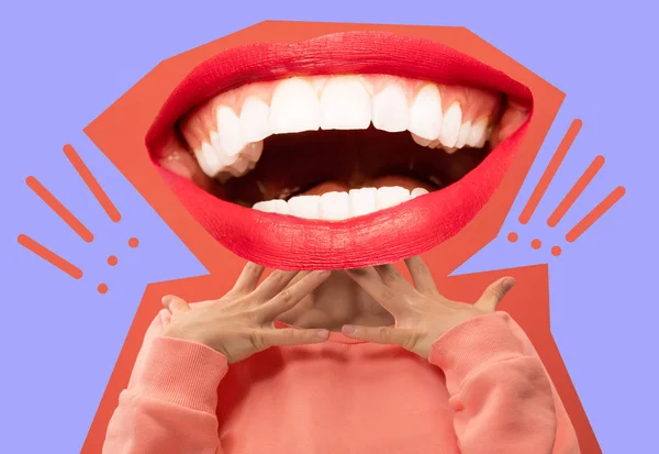 Collage in magazine style with happy emotions and female lips instead of head. — Stock Photo, Image