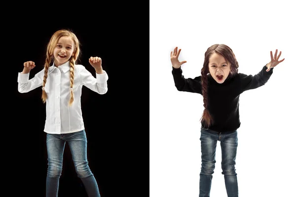 Het Portret Van Emotionele Gelukkige Winnaar Meisje Ernstige Boos Meisje — Stockfoto