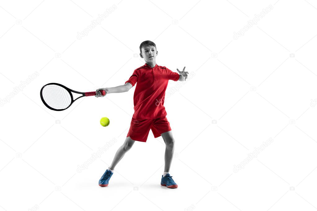 Young tennis player isolated on white