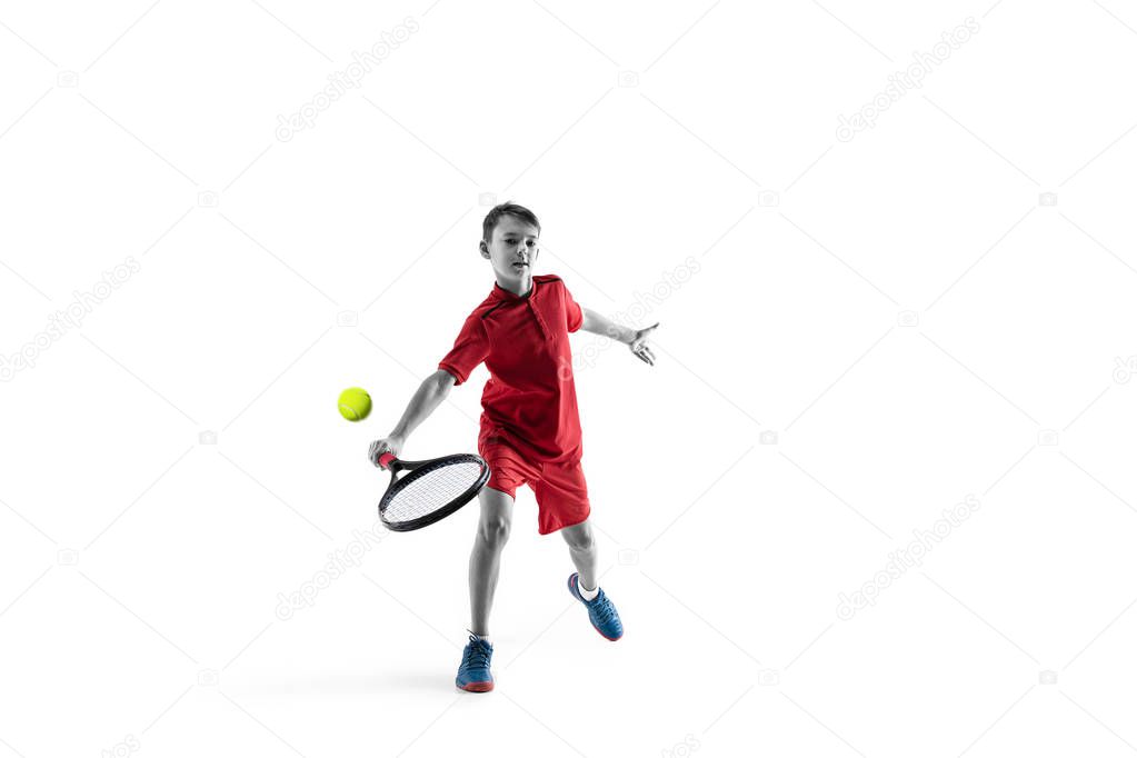 Young tennis player isolated on white