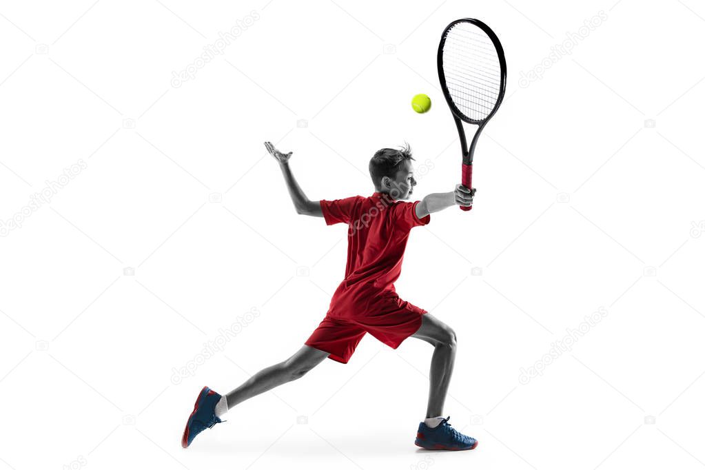 Young tennis player isolated on white