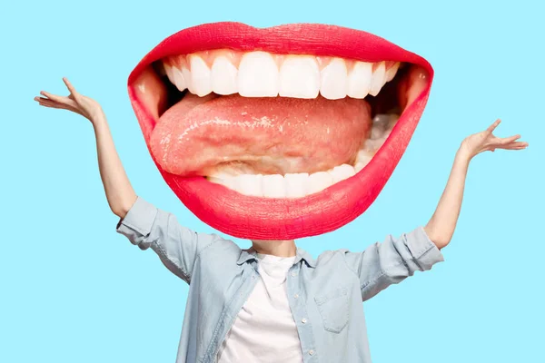 Collage en estilo revista con emociones felices y labios femeninos en lugar de cabeza . —  Fotos de Stock