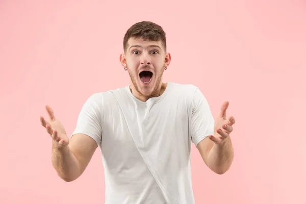 Wow Attractive Male Half Length Front Portrait Pink Studio Backgroud — Stock Photo, Image