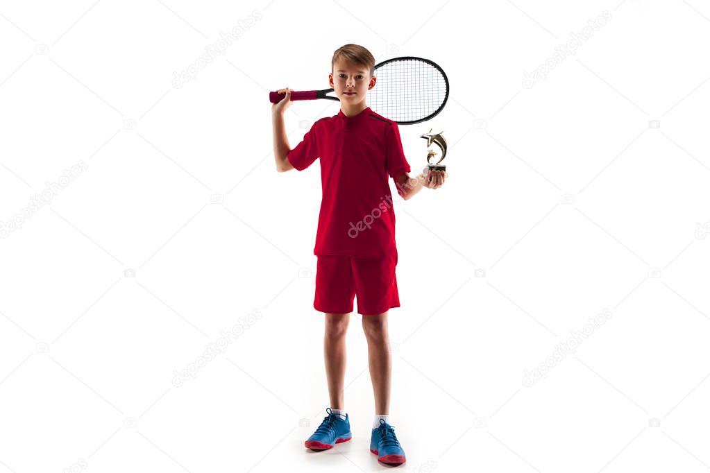 Young tennis player isolated on white