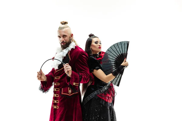 The young man wearing a traditional medieval costume of marquis and woman as marquise — Stock Photo, Image