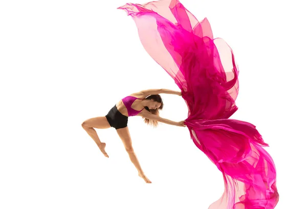 优雅的芭蕾舞演员或古典芭蕾舞演员跳舞隔离在白色演播室 用粉红色丝绸跳舞的女人 表演者 灵活性 艺术家 — 图库照片