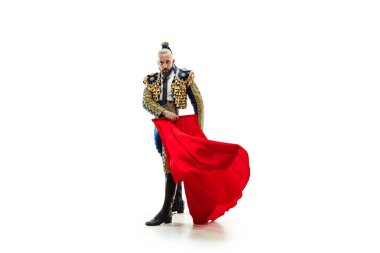 Torero mavi ve altın takım elbise veya beyaz bitti izole tipik İspanyol boğa güreşçisi