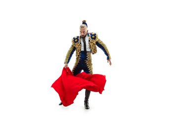 Torero mavi ve altın takım elbise veya beyaz bitti izole tipik İspanyol boğa güreşçisi