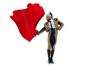 Torero mavi ve altın takım elbise veya beyaz bitti izole tipik İspanyol boğa güreşçisi