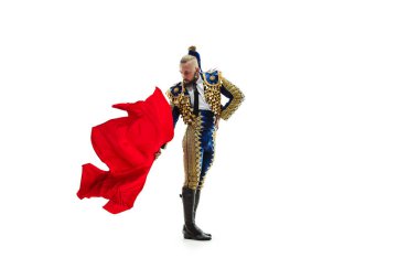 Torero mavi ve altın takım elbise veya beyaz bitti izole tipik İspanyol boğa güreşçisi