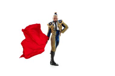 Torero mavi ve altın takım elbise veya beyaz bitti izole tipik İspanyol boğa güreşçisi