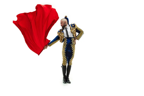 Torero en traje azul y dorado o típico torero español aislado sobre blanco —  Fotos de Stock