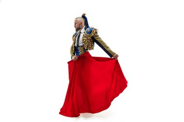 Torero mavi ve altın takım elbise veya beyaz bitti izole tipik İspanyol boğa güreşçisi