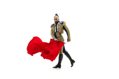 Torero mavi ve altın takım elbise veya beyaz bitti izole tipik İspanyol boğa güreşçisi