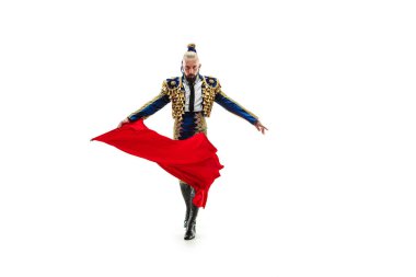 Torero mavi ve altın takım elbise veya beyaz bitti izole tipik İspanyol boğa güreşçisi