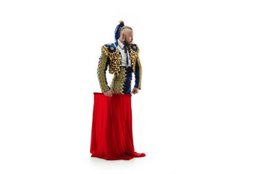 Torero mavi ve altın takım elbise veya beyaz bitti izole tipik İspanyol boğa güreşçisi