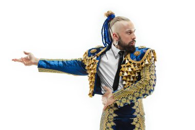 Torero mavi ve altın takım elbise veya beyaz bitti izole tipik İspanyol boğa güreşçisi