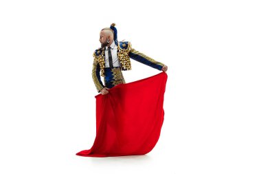 Torero mavi ve altın takım elbise veya beyaz bitti izole tipik İspanyol boğa güreşçisi