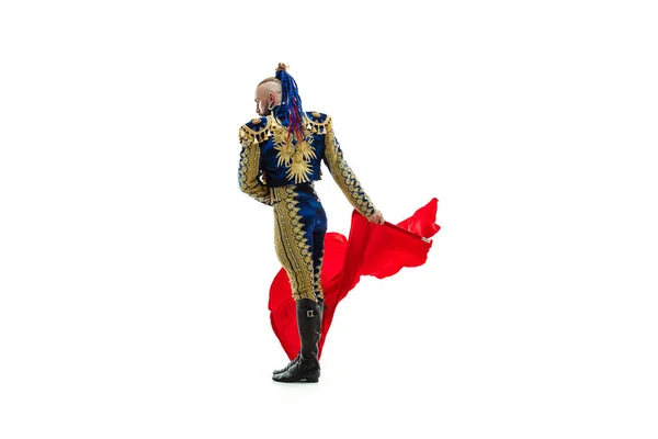 Torero in blauwe en gouden pak of typisch Spaans stierenvechter geïsoleerd over Wit — Stockfoto