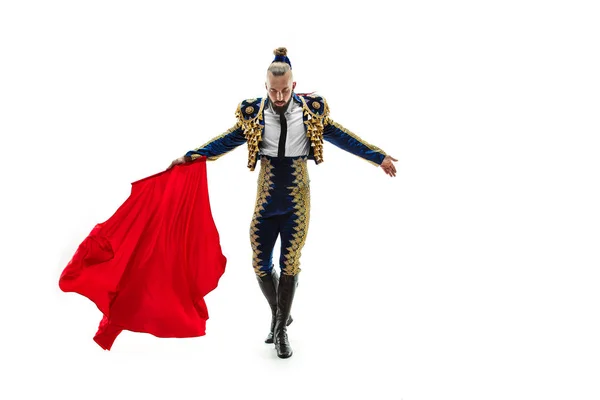 Torero em terno azul e dourado ou toureiro típico espanhol isolado sobre branco — Fotografia de Stock