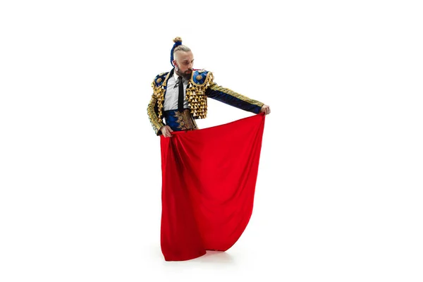 Torero em terno azul e dourado ou toureiro típico espanhol isolado sobre branco — Fotografia de Stock