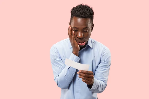 Young Afro Man Surprised Unhappy Failure Expression Bet Slip Onpink — Stock Photo, Image