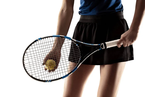Full length portrait of young woman playing tennis isolated on white background — Stock Photo, Image