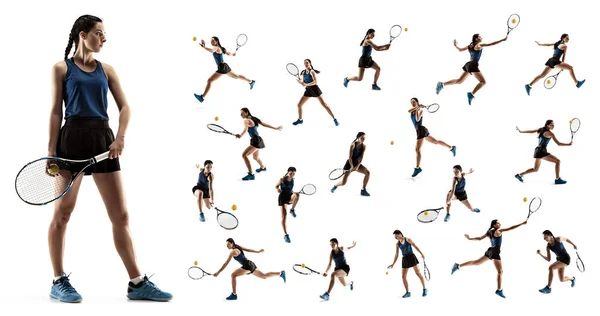 The collage about young woman playing tennis isolated on white background — Stock Photo, Image