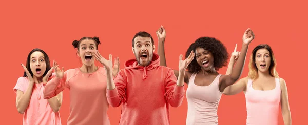 The collage of faces of surprised people on coral backgrounds. — Stock Photo, Image