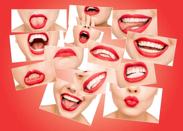 Photo collage of beautiful young woman lips covered with glossy red lipstick. — Stock Photo, Image