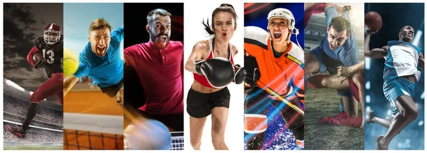 Collage deportivo sobre fútbol, fútbol americano, bádminton, tenis, boxeo, hockey sobre hielo y campo, tenis de mesa — Foto de Stock