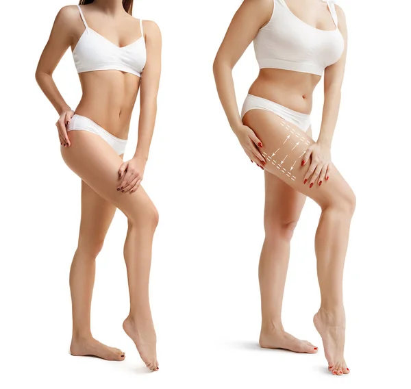 Dos mujeres jóvenes gruesas y delgadas tienen diferentes figuras —  Fotos de Stock